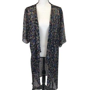 NWT LulaRoe Black Multi Feather Print Semi Sheer Open Front Cardigan Size M